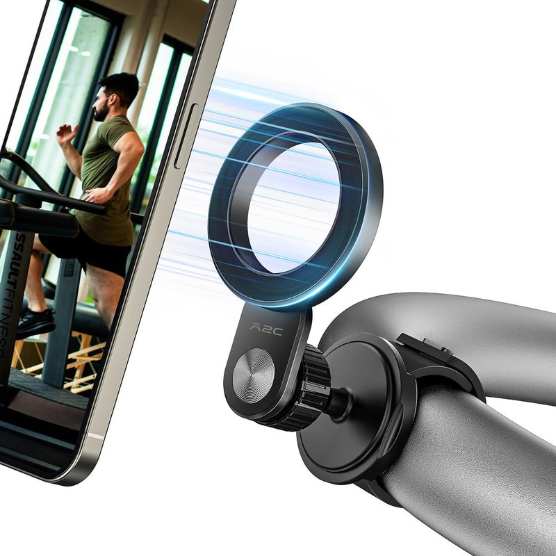 A2C Adjustable Strap Magnetic Bar Phone Mount for Peloton Treadmill, Exercise/Stationary Bikes, Stroller, Shopping Cart, Fits 0.5-1.5" Handlebars, 17 Strong Magnet Gym Phone Holder for iPhone Magsafe - Image 1